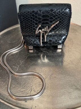 Giuseppe Zanotti Black Python Snake Embossed Signature Logo Mini Chain Crossbody
